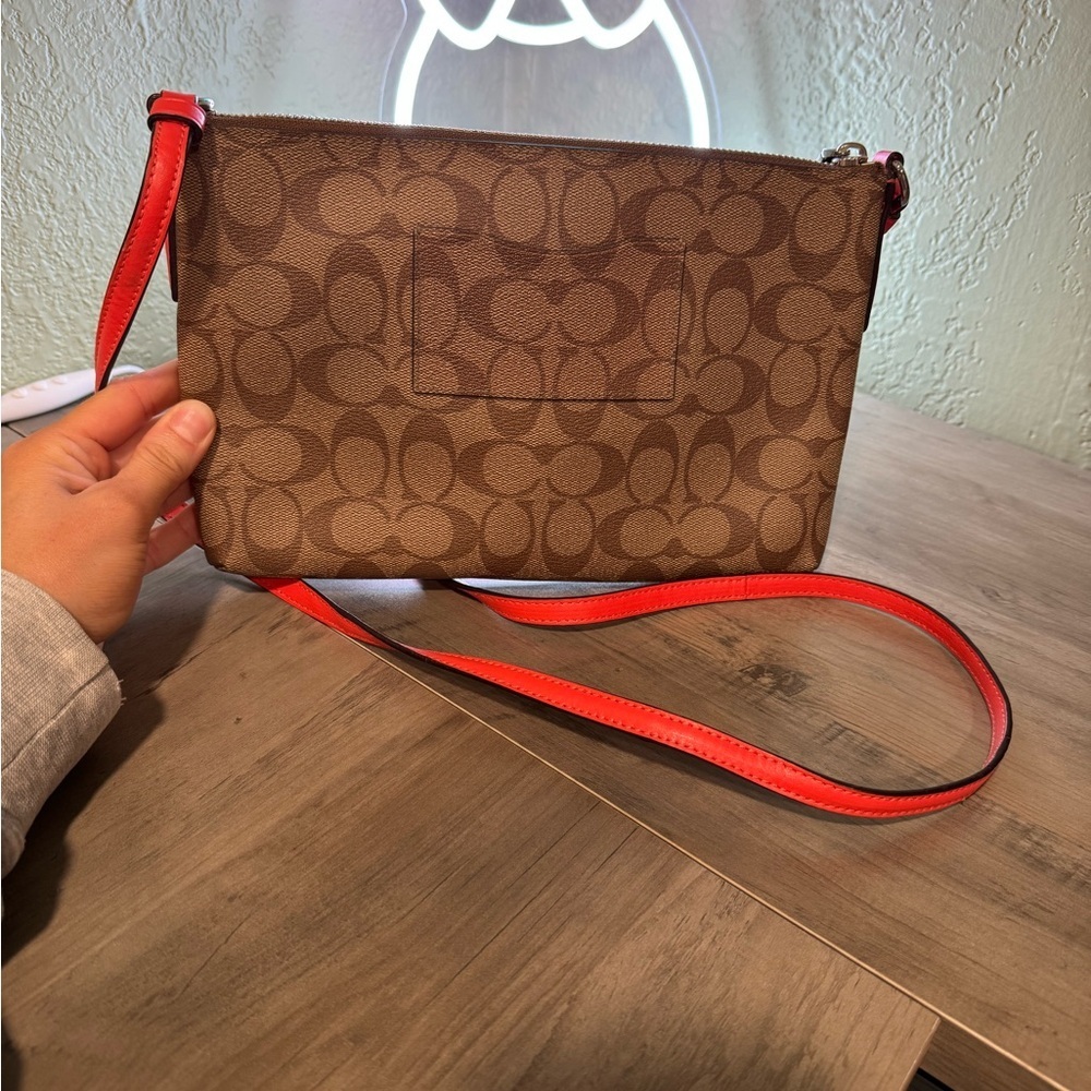 Coach Signature Brown Crossbody Bag with Orange Accents - Picture 3 of 4